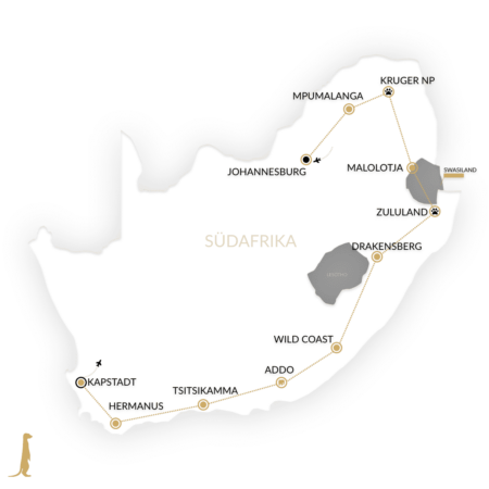 Route zur Kleingruppenreise Südafrika - 20 Tage Komfort Reise
