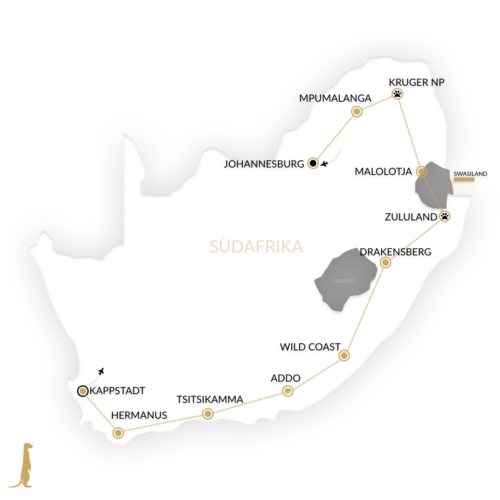 Karte zu Südafrika – 18 Tage Rundreise mit Höhepunkten des Landes!
