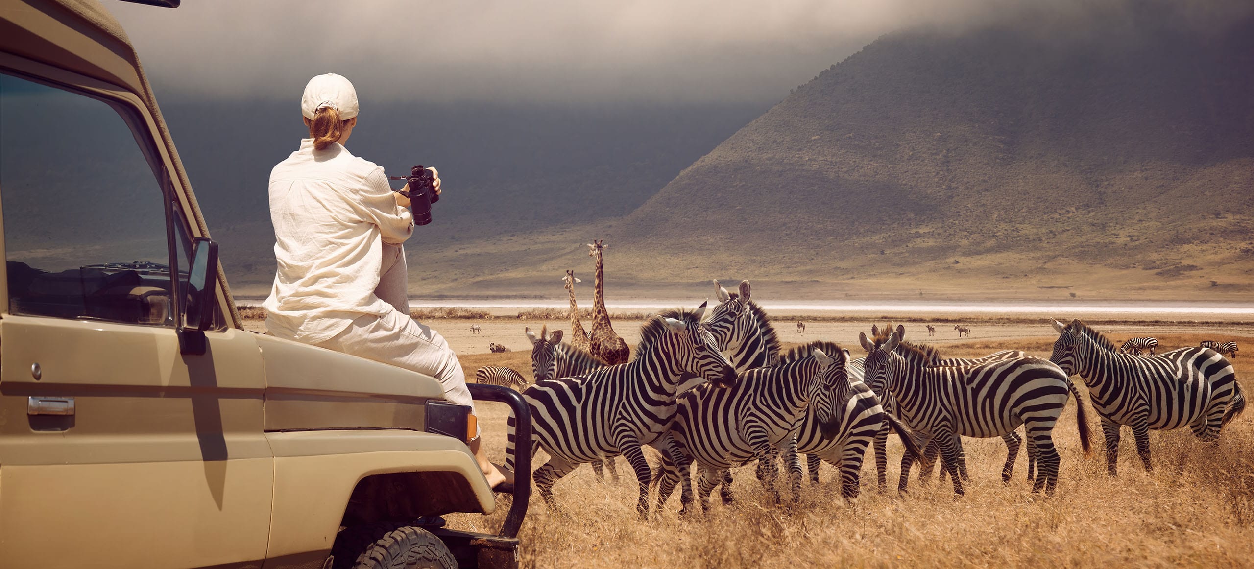 TUKIO Afrika - Kleingruppenreisen Frau-Auto-Zebras-Ngorongoro