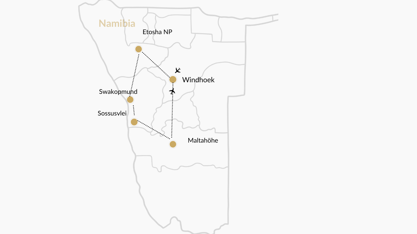 Karte zu Namibia Rundreise_Highlights in 13 Tagen