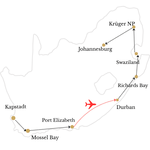 Karte von Südafrika, Reiseroute 15 mit Flug ab Port Elizabeth nach Durban