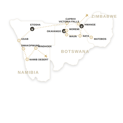 Namibia botswana simbabwe rundreise von der wüste zu den fällen Namibia bostwana simbabwe rundreise von der wüste zu den fällen route